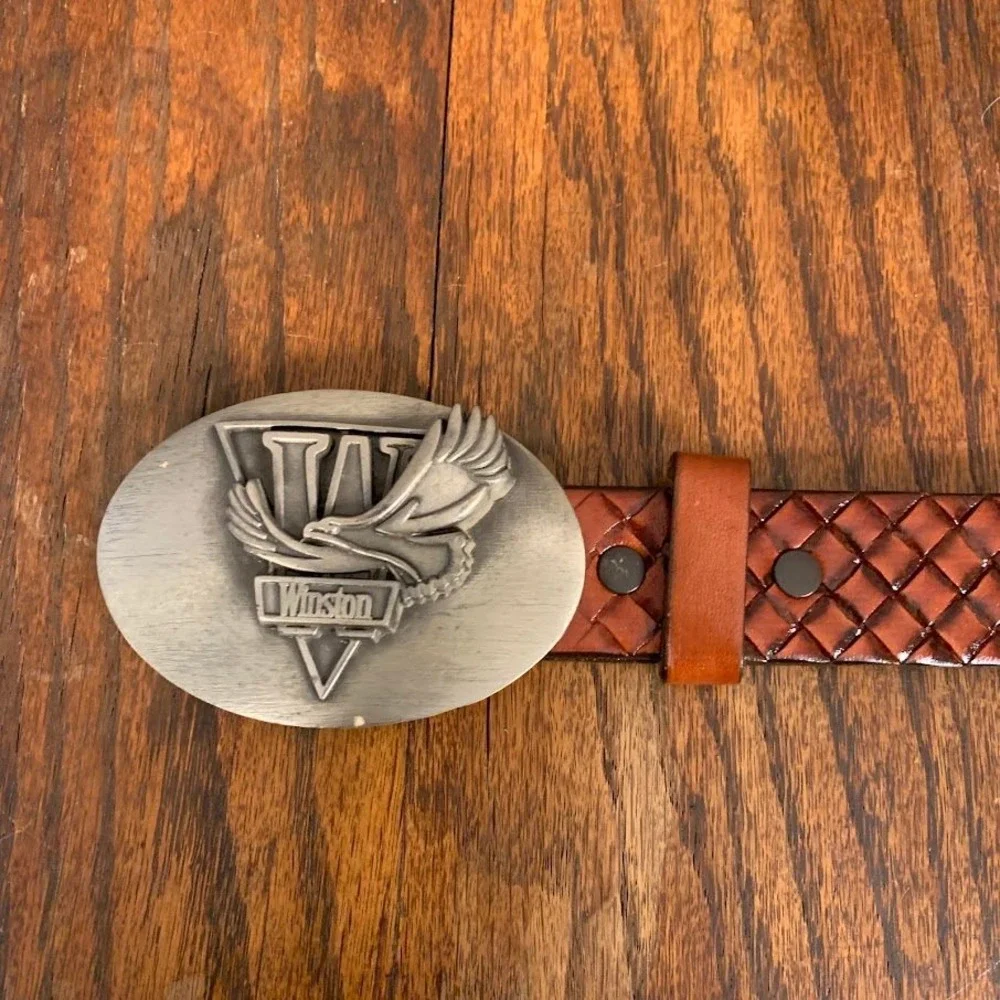 VTG Winston Cigarettes Eagle Buckle Brown Basketweave Leather Belt Men's 36/38